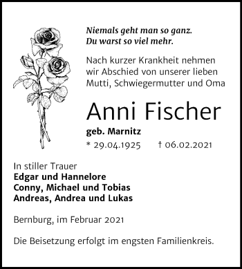 Traueranzeige von Anni Fischer von Mitteldeutsche Zeitung Bernburg