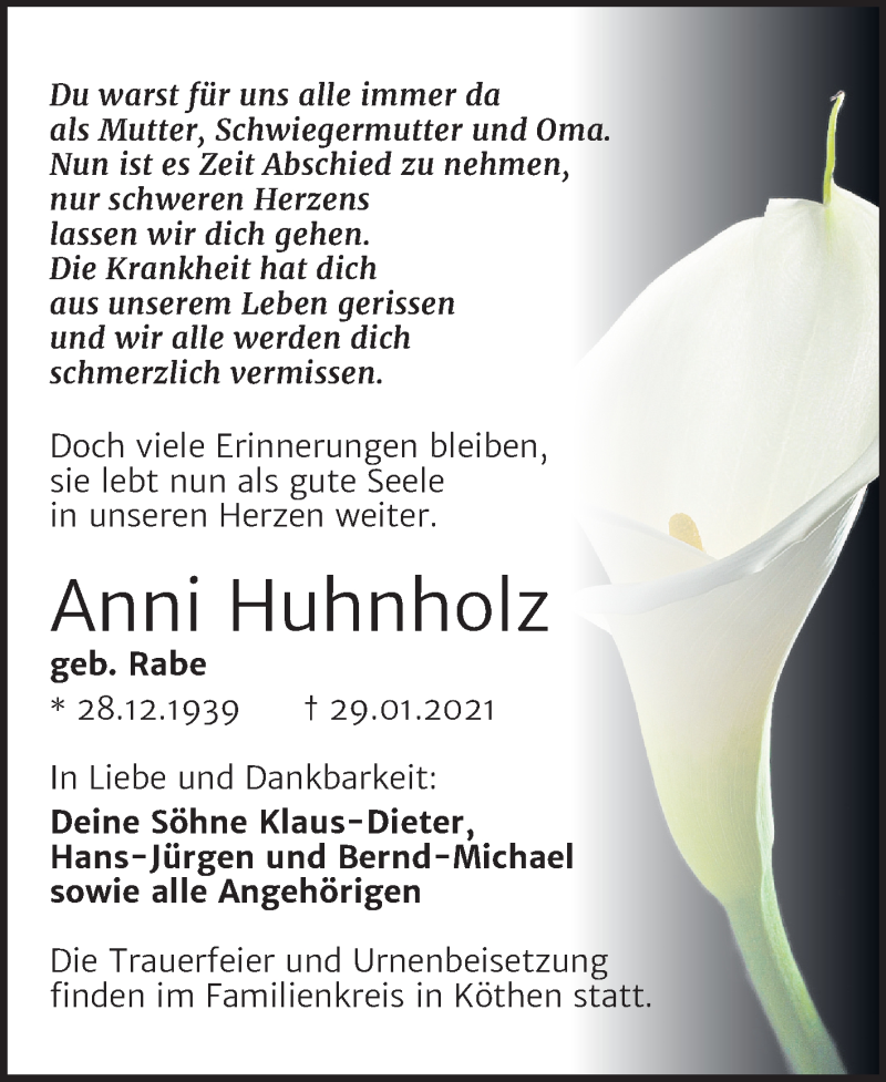  Traueranzeige für Anni Huhnholz vom 06.02.2021 aus Mitteldeutsche Zeitung Köthen