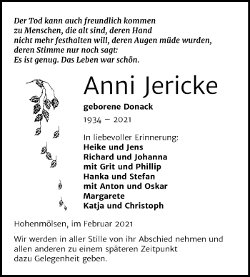 Traueranzeige von Anni Jericke von Mitteldeutsche Zeitung Weißenfels