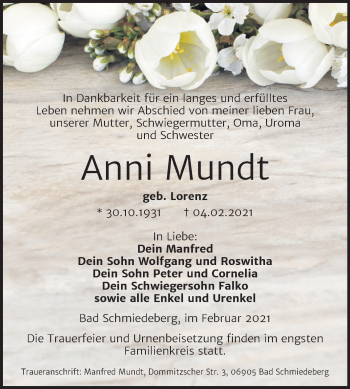 Traueranzeige von Anni Mundt von Mitteldeutsche Zeitung Wittenberg