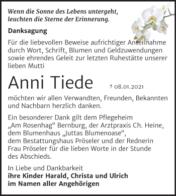 Traueranzeige von Anni Tiede von Super Sonntag Bernburg
