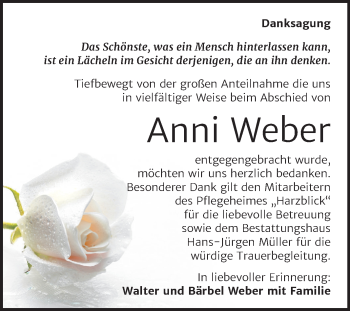 Traueranzeige von Anni Weber von Super Sonntag Aschersleben