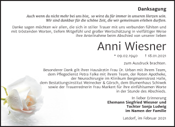 Traueranzeige von Anni Wiesner von Super Sonntag Bernburg