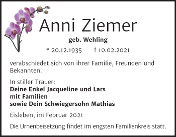 Traueranzeige von Anni Ziemer von Mitteldeutsche Zeitung Mansfelder Land