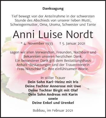 Traueranzeige von Anni Luise Nordt von Mitteldeutsche Zeitung Bitterfeld