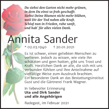 Traueranzeige von Annita Sander von Super Sonntag Köthen