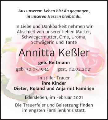 Traueranzeige von Annitta Keßler von Mitteldeutsche Zeitung Sangerhausen