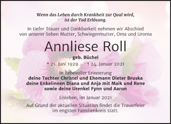 Traueranzeige von Annliese Roll von Mitteldeutsche Zeitung Mansfelder Land