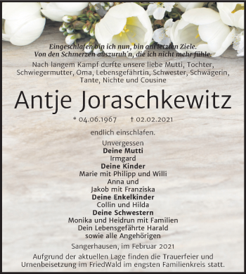 Traueranzeige von Antje Joraschkewitz von Mitteldeutsche Zeitung Sangerhausen