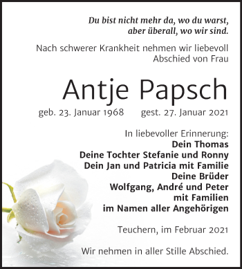 Traueranzeige von Antje Papsch von Super Sonntag Weißenfels