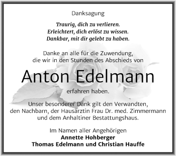 Traueranzeige von Anton Edelmann von Mitteldeutsche Zeitung Dessau-Roßlau