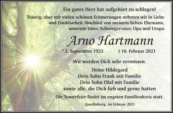Traueranzeige von Arno Hartmann von Super Sonntag Quedlinburg