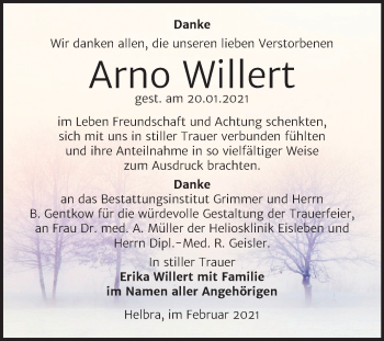 Traueranzeige von Arno Willert von Mitteldeutsche Zeitung Mansfelder Land
