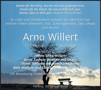 Traueranzeige von Arno Willert von Super Sonntag Mansfelder Land