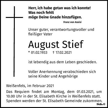 Traueranzeige von August Stief von Mitteldeutsche Zeitung Weißenfels