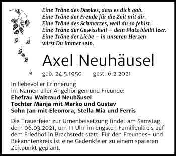 Traueranzeige von Axel Neuhäusel von Mitteldeutsche Zeitung Halle/Saalkreis