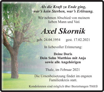 Traueranzeige von Axel Skornik von Super Sonntag Quedlinburg