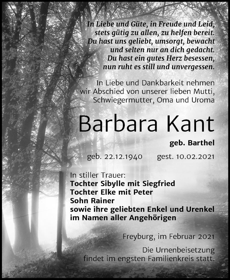  Traueranzeige für Barbara Kant vom 20.02.2021 aus Super Sonntag Naumburg/Nebra