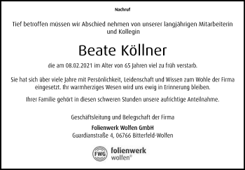 Traueranzeige von Beate Köllner von Mitteldeutsche Zeitung Bitterfeld