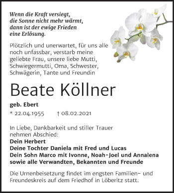 Traueranzeige von Beate Köllner von Mitteldeutsche Zeitung Bitterfeld