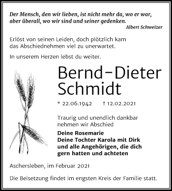 Traueranzeige von Bernd-Dieter Schmidt von Super Sonntag Aschersleben