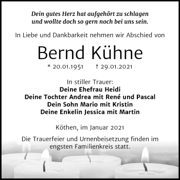 Traueranzeige von Bernd Kühne von Mitteldeutsche Zeitung Köthen