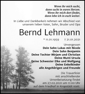 Traueranzeige von Bernd Lehmann von Super Sonntag Wittenberg