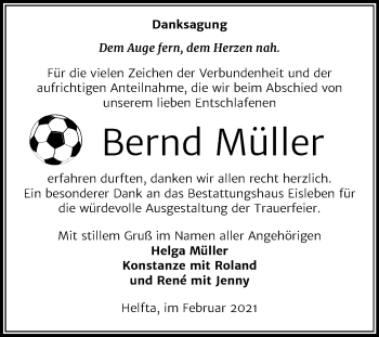 Traueranzeige von Bernd Müller von Mitteldeutsche Zeitung Mansfelder Land