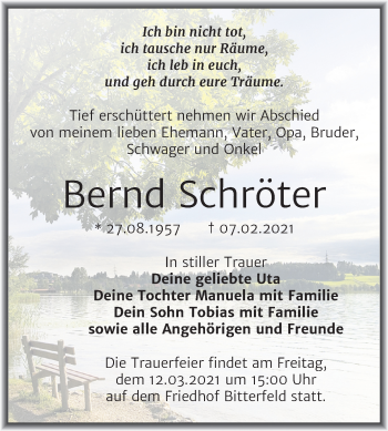 Traueranzeige von Bernd Schröter von Mitteldeutsche Zeitung Bitterfeld