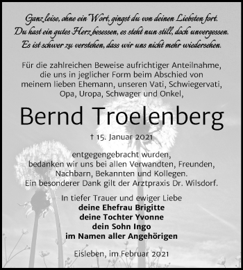 Traueranzeige von Bernd Troelenberg von Super Sonntag Mansfelder Land