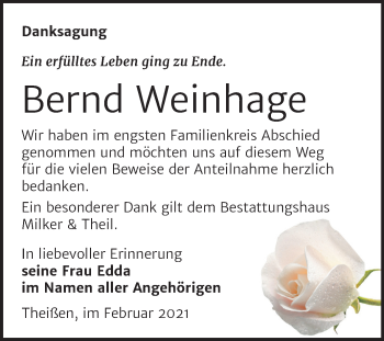 Traueranzeige von Bernd Weinhage von Mitteldeutsche Zeitung Zeitz