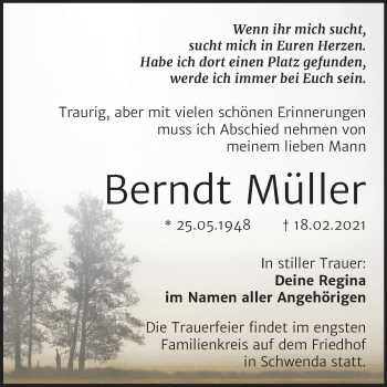 Traueranzeige von Berndt Müller von Mitteldeutsche Zeitung Sangerhausen