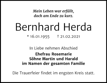 Traueranzeige von Bernhard Herda von Mitteldeutsche Zeitung Bernburg