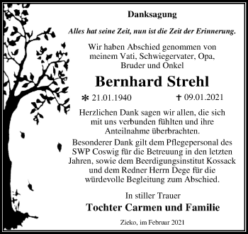 Traueranzeige von Bernhard Strehl von Super Sonntag Wittenberg