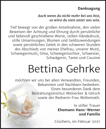 Traueranzeige von Bettina Gehrke von Mitteldeutsche Zeitung Bernburg