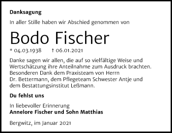 Traueranzeige von Bodo Fischer von Mitteldeutsche Zeitung Wittenberg