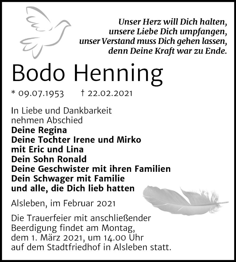  Traueranzeige für Bodo Henning vom 26.02.2021 aus Mitteldeutsche Zeitung Bernburg