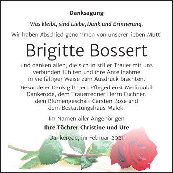 Traueranzeige von Brigitte Bossert von Super Sonntag Quedlinburg