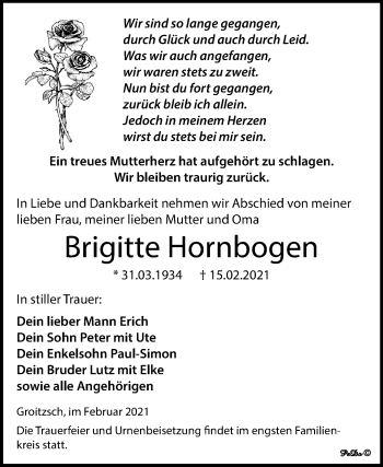 Traueranzeige von Brigitte Hornbogen von Super Sonntag Zeitz
