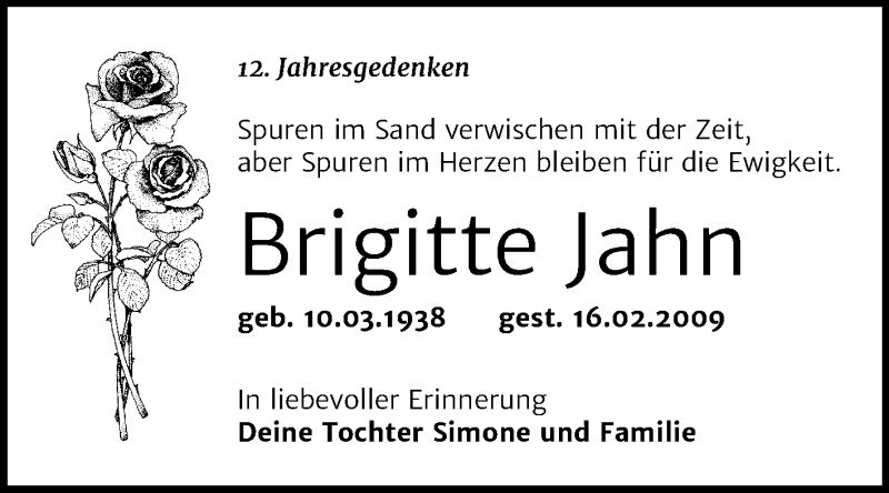  Traueranzeige für Brigitte Jahn vom 16.02.2021 aus Mitteldeutsche Zeitung Halle/Saalkreis