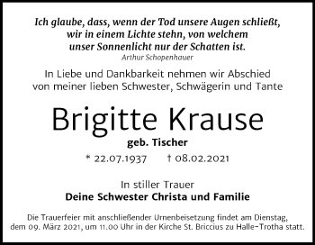 Traueranzeige von Brigitte Krause von Mitteldeutsche Zeitung Halle/Saalkreis