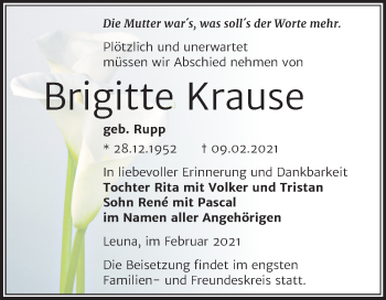 Traueranzeige von Brigitte Krause von Super Sonntag Merseburg/Querfurt