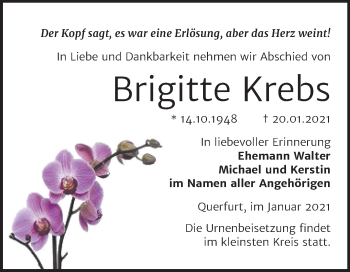 Traueranzeige von Brigitte Krebs von Super Sonntag Merseburg/Querfurt