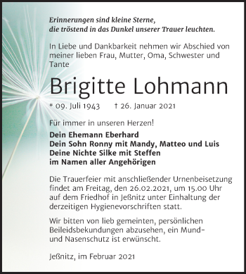 Traueranzeige von Brigitte Lohmann von Mitteldeutsche Zeitung Bitterfeld