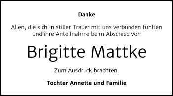 Traueranzeige von Brigitte Mattke von Mitteldeutsche Zeitung Wittenberg