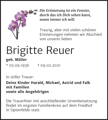 Traueranzeige von Brigitte Reuer von Mitteldeutsche Zeitung Quedlinburg