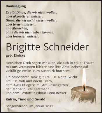 Traueranzeige von Brigitte Schneider von Mitteldeutsche Zeitung Sangerhausen