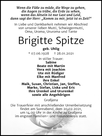 Traueranzeige von Brigitte Spitze von Mitteldeutsche Zeitung Naumburg/Nebra