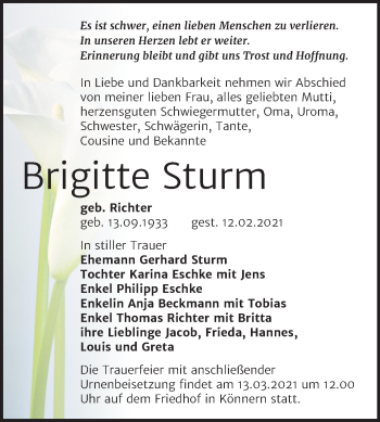 Traueranzeige von Brigitte Sturm von Mitteldeutsche Zeitung Bernburg