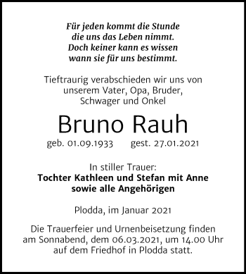 Traueranzeige von Bruno Rauh von Mitteldeutsche Zeitung Wittenberg